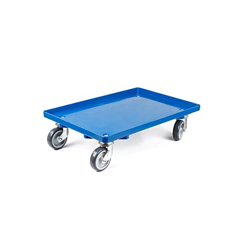 Transportroller für Euroboxen 60x40cm mit Gummiräder blau | Geschlossenes Deck | 4 Lenkrollen | Traglast 300kg | Kistenroller Logistikroller Rollwagen Profi-Fahrgestell