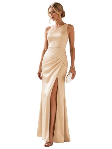 Ever-Pretty Women's One Shoulder Sleeveless Summer Maxi Formal Wedding Guest Dresses Satin Bridesmaid Dress Champagne US04