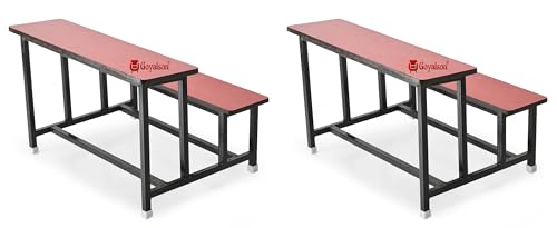 Image of GOYALSON School Home Tution College Bench Duel Desk Student Bench Cum Duel Desk Strong and Sturdy Metal Standard Structure with Wooden Top (2, Red, Small Students Without Back)