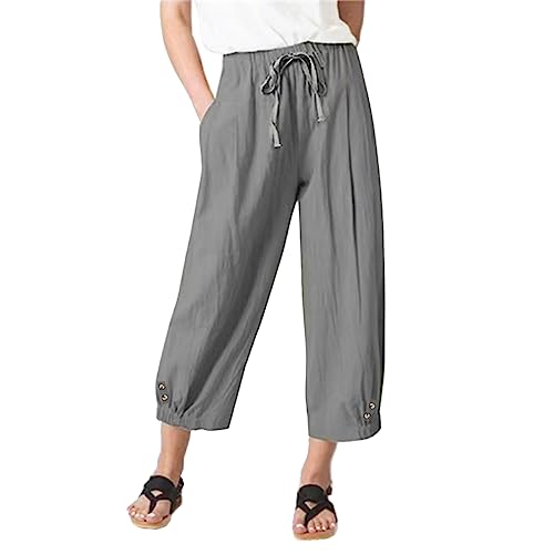 Womens High Waist Casual Wide Leg Loose Linen Trouser Capri Wide Leg Cropped Pants with Drawstring