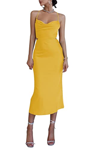Lyaner Women's Satin Cowl Neck Straps Slip Sexy Cut Out Cocktail Midi Dress Yellow Medium #TOP3