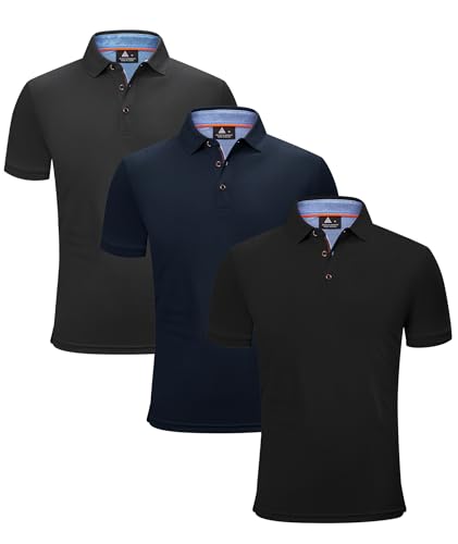 ZITY 3 Pack Mens Polo Shirts Short Sleeve, Lightweight Breathable Golf Collar Button-Down Mens Work Polo Shirts Sports Tennis T Shirts Black+ Navy+Dark Grey L