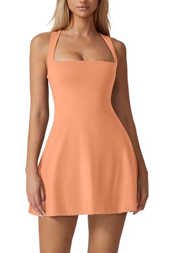 Image of QINSEN Womens Square Neck Tennis Dress Sleeveless Built in Shorts Golf Athletic Dress with Pockets