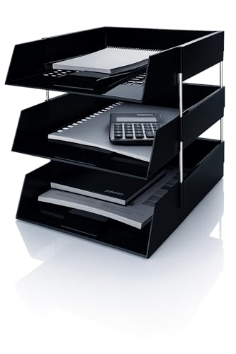 OS Smart Choice A4 Letter Trays, 3-Tier Stackable Document Organiser, Plastic Desktop Filing System, BLACK