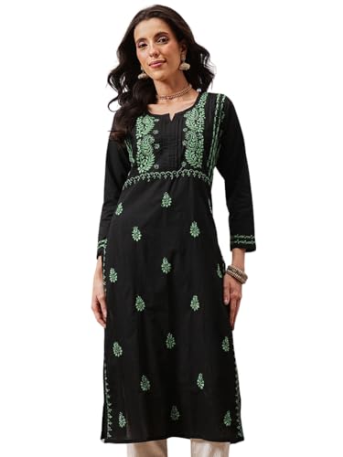 Image of Ada Women's Cotton Straight Fit Tunic Hand Embroidered Straight Lucknow Chikankari Kurta Kurti A411435