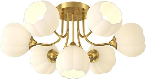 Plafonnier laiton 7 lumières avec globes de verre blanc en fleur luminaire de plafond doré