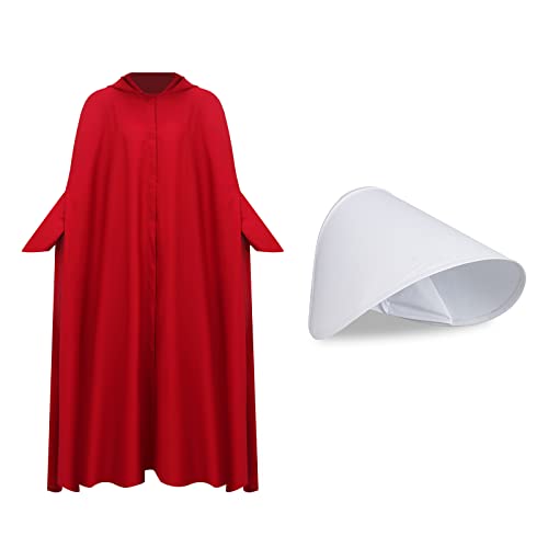 Handmaid Offred Cosplay Costume Outfit,Women Red Hooded Cape Cloak with White Bonnet for Halloween Party4