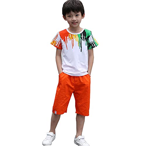 OnlyAngel Boys Colorful Outfits Short Sleeve Top & Elastic Waist Shorts Set Age 4-11 (5-6 Years, Orange)