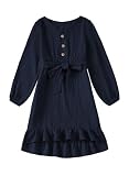 blibean Girls Fall Long Sleeve Cotton Dresses Tween Kids Ruffle Button Belted Flare Dress Little Girl Semi Formal Solid Casual Boho Fancy Party Clothes Spring Outfit Size 6-7 Year Old Navy Blue