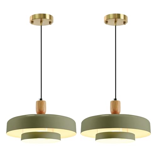 Image of Olive Green Pendant Light 2 Packs, 13.8 inch Farmhouse Pendant Light Industrial Adjustable Hanging Light Fixture with E26 Base for Over Dining Room Table Entryway Hallway