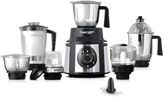 Prestige Endura 1000 Watt Mixer Grinder with 6 Jars | Heavy-Duty Ball Bearing Motor | 3 Stainless Steel Jars + 1 Juicer + 1 Mix-O-Keep + 1 Multi-Utility | SS Baldes | Black | 5Y Motor Warranty