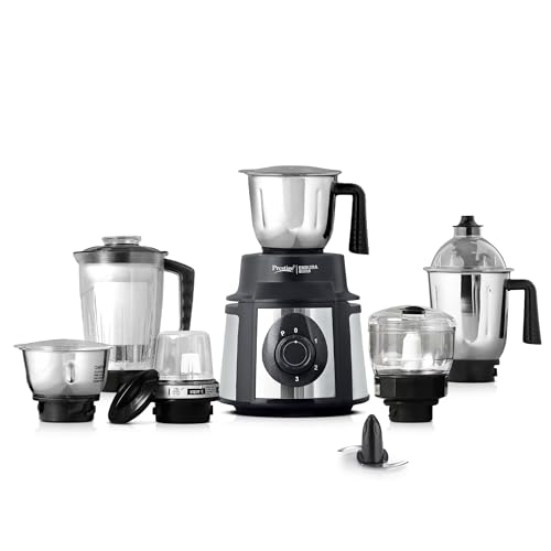 Prestige Endura 1000 Watt Mixer Grinder with 6 Jars | Heavy-Duty Ball Bearing Motor | 3 Stainless Steel Jars + 1 Juicer + 1 Mix-O-Keep + 1 Multi-Utility | SS Baldes | Black | 5Y Motor Warranty