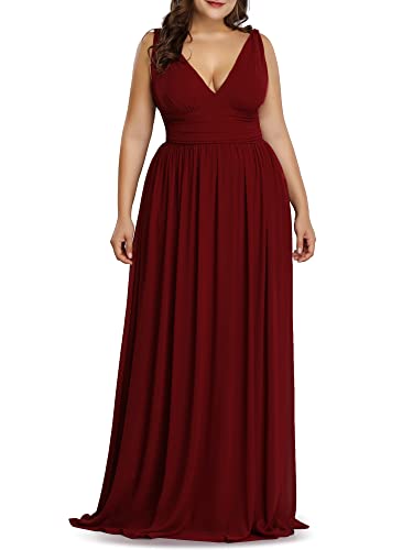 Image of Ever-Pretty V Neck Sleeveless Pleated Chiffon Maxi Plus Size Formal Dresses for Women Bridesmaid Dresses Burgundy US22