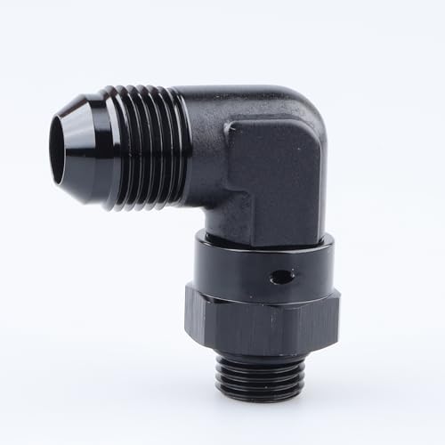 Image of AC PERFORMANCE Black Aluminum 90 Degree -8 AN Male Flare to -6 AN ORB O Ring Port Thread 9 /16 x 18 Swivel Fitting Adapter
