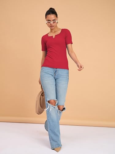 Image of barcino Beige Ribbed V-Neck Short Sleeves Top