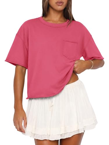 Image of ATHMILE Womens Crop Tops Workout Shirts Gym Oversized Spring Summer Basic Tees Short Sleeve Casual Loose Drop Shoulder 2026