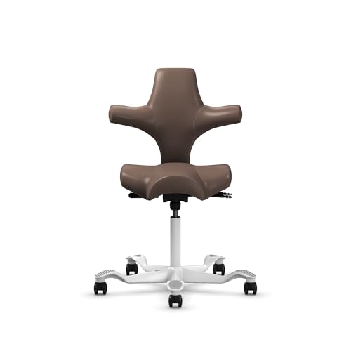 Image of HAG Capisco Sit to Stand Chair-White Frame-Upholstered Brown Mahogany Vinyl