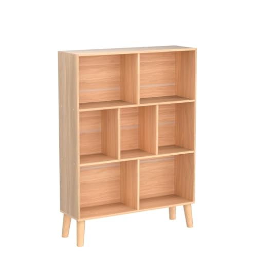LEYAOYAO Wooden 7 Cube Book Shelf, Natural 3 Tier Bookshelf with Legs, Modern Open Storage Organizer,Boho Bookcase,Display Cabinet Shelf Free Standing Bookshelves for Bedroom,Living Room,Office