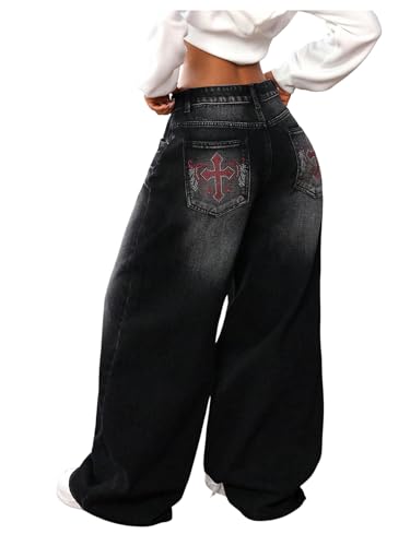 Floerns Women's Y2k Baggy Jeans Women 2025 Low Waist Cross Print Boyfriend Streetwear Wide Leg Punk Denim Pants