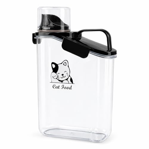 Geyecete dry cat food container with Measuring Cup & Pour Spout Portable-3 Qt/2.8 L Clear Plastic cat Food Jar Airtight Transparent-White