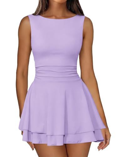 Image of IWD Women's Boat Neck Sleeveless Mini Dress Ruched Waist Flowy Tiered Ruffle Hem A Line Party Short Dresses