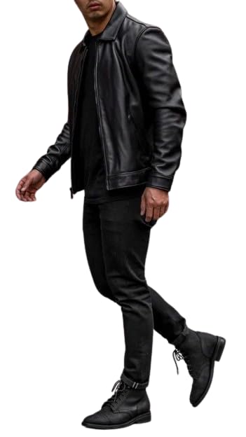 Image of Mens Shirt Collar Genuine Real Lambskin Leather Jacket For Men Vintage Classic Biker Style with Zip Out Liner