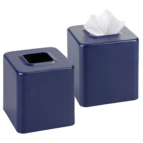 mDesign Metal Square Tissue Box Cover, Modern Facial Paper Holder - Accessories for Bathroom Vanity, Bedroom Dresser, Night Stand, Desk, Office, End Table - Unity Collection - 2 Pack - Matte Navy Blue