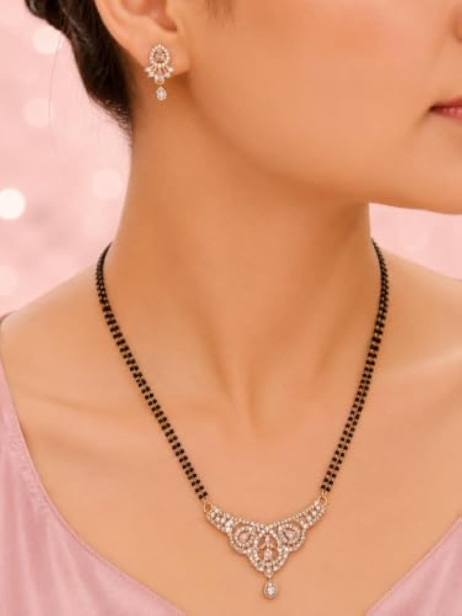 Royal Filigree CZ Diamond Mangalsutra Set with Matching Earrings