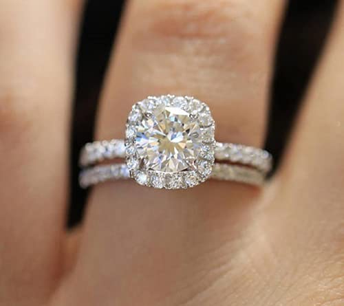 Flyyqmiao Classic 1.5Ct 925 Silver Bridal Rings Sets Inlaid Imitation Diamonds Cubic Zirconia Halo Cz Engagements Rings Wedding Bands Birthday Gift For Women And Girl (7#) #TOP2
