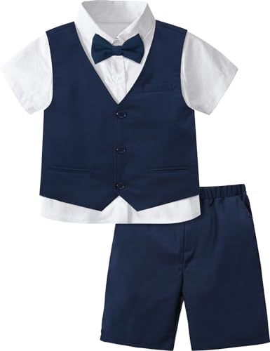 Image of A&J DESIGN Boys Short Suit Set 3 Pieces Kids Formal Gentleman Outfit, 4-11 Years, Shirt + Vest + Shorts + Bow Tie