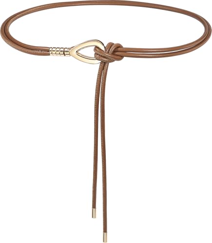 Buywis Women Knotted Waist Belt PU Leather Skinny Belts Gold Buckle Thin Belts for Dresses Brown Fit Waist 28-40