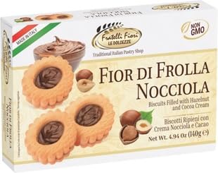 Fratelli Fiori Fior Di Frolla Hazelnut Cookies - Italian Biscotti Cookies Filled with Rich Hazelnut Cream - Healthy Cookies with Buttery Texture Ideal for Coffee Pairing, Dessert & Gifting 140g/4.94oz