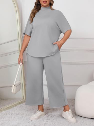 Image of Beautife Women's Plus Size 2 Piece Outfits 3 /4 Batwing Sleeve Capelet Crew Neck Pullover Top Wide Leg Pants Lounge Set