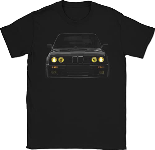 E30 Bimmer Graphic Tee Classic Euro Car T-Shirt with Yellow Lights (XL Black)