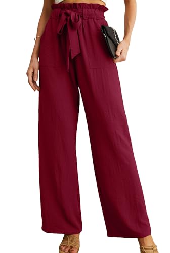 IWOLLENCE Women's Wide Leg Pants with Pockets High Waist Adjustable Knot Loose Casual Trousers Business Work Casual Pants Wine Red X-Small