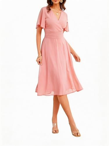 Image of Women's Summer Elegant Chiffon Wrap V Neck Aline Dress
