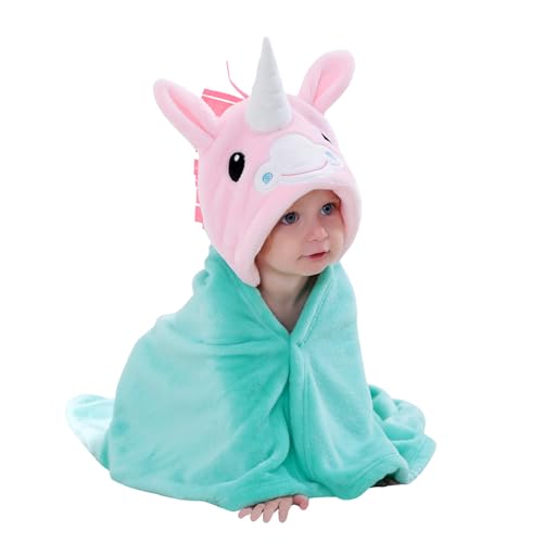 Image of TONWHAR 0-4 Years Toddlers' And Kids' Boys Girls Animal Face Hooded Blanket Baby's Bathrobe,Plush After Bath Blanket(Pink Unicorn)