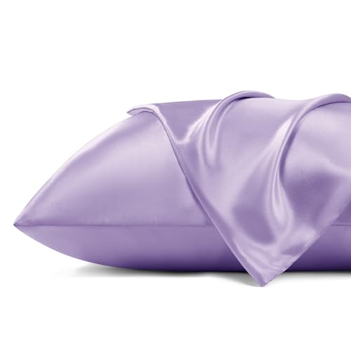 Image of Bedsure Satin Pillowcase with Zipper, Pillow Cases Queen Size Set of 2 | Similar to Silk Pillow Cases 2 Pack, Silky & Soft Pillow Covers for Hair and Skin, Gifts for Women, Lavender, 20x30 Inches