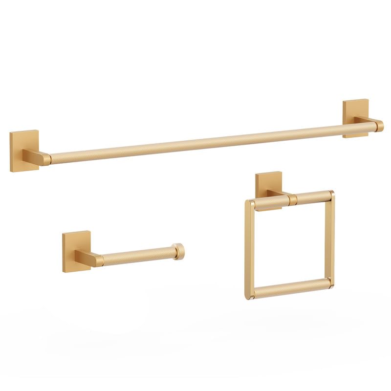 Bathroom Hardware Set 3 Piece Brushed Nickel/Brushed Gold Bathroom Accessories Set Including 24" Hand Towel Bars, Toilet Paper Holders, Towel Rings(3pcs, Brushed Gold)