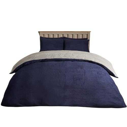 Brentfords Reversible Fleece Duvet Cover King Size Super Soft Fluffy Thermal Winter Warm Fleece Bedding Set Teddy Duvet Quilt Covers with Pillowcases - Navy/Grey King
