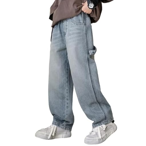 Rolanko Vaqueros Baggy Cargo para Niños Jeans Skater con Cintura Elástica y Multi-Bolsillos Pantalones Denim Vintage Bootleg Streetwear para Niños, Azul Denim Lavado, Talla: 140/8-9 Años | Ya disponible en tu tienda friki favorita! En mundofriki.es!