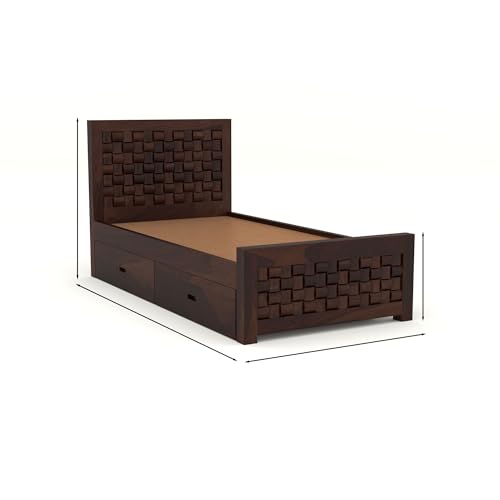 Image of Solid Sheesham Wood Single Size Bed with 2 Drawer Storage Wooden Single Cot Bed for Home Living Room Bedroom Guest Room Hotel (Walnut, Size 6 * 4)