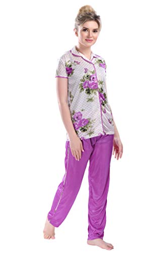 Image of Printed Night Suit for Women - Flower Print Satin Shirt and Pyjama Set (Front Open Collar Night Suit)