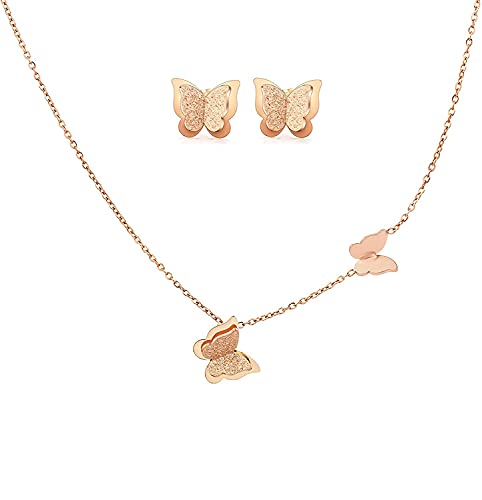 Crazy-M Collana da donna con farfalla + orecchino a farfalla, in oro rosa, per donne, ragazze, vintage, con ciondolo a farfalla, set regalo...
