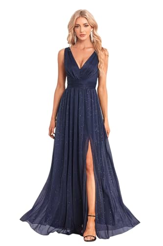 Long Glitter Tulle Prom Gowns with Slit A Line Sleeveless Formal Dress for Women LNR002