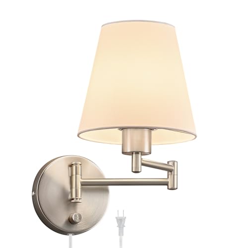 Image of VONLUCE Wall Lamp, Plug in & Swing Arm Wall Sconce, Nickel Finish | Modern Wall Lights with White Fabric Shades, Plug in & Hardwired Wall Mounted Light for Bedside, Living Room, Hallway