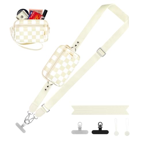 Image of YFWE Clip and Go Strap for Phone with Wallet Crossbody, Adjustable Phone Lanyard with Detachable RFID Wristlet Wallet, Phone Strap with Phone Tabs for All Phones, Cream Checkered (M)
