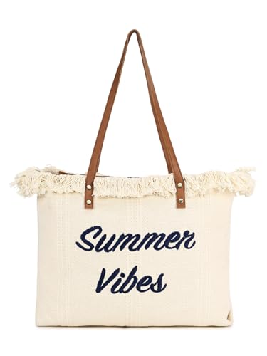 Image of GRECIILOOKS Eco Canvas Boho Tote Bag for Women, Spacious Jute Handbag with Faux Leather Straps, Frayed Edge & Floral Print, Lightweight Shoulder Bag for Beach Travel Shopping Work