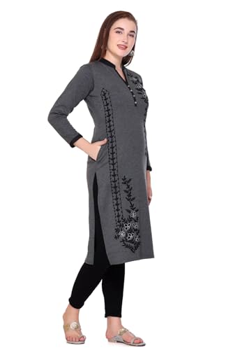 Image of Rosary Women's Winter Woolen Kurti Embroidered Straight Fit Ethnic Wear with 2 Side Pockets