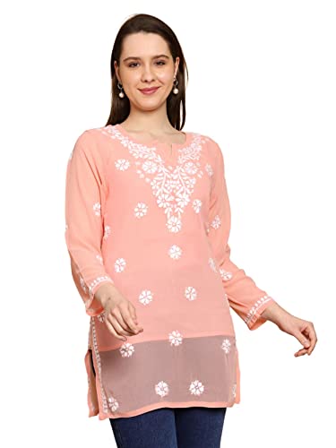Image of Ada Women's & Girl's Georgette Hand Embroidered Lucknow Chikankari Regular Fit Short Kurti Top with Slip A911300